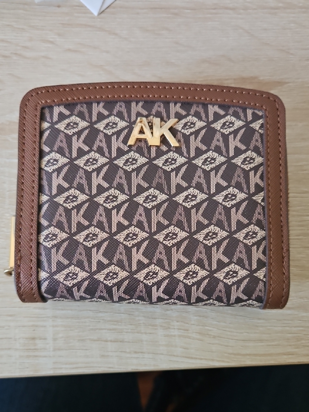 Anne Klein Brown Monogram Zip Wallet with Gold AK Logo